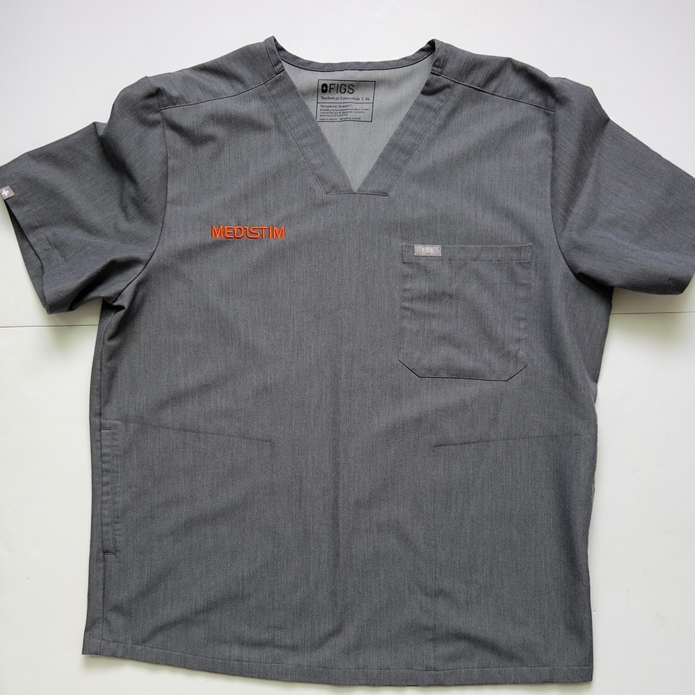 Figs Short Sleeve V-Neck Scrub Top - Gray with Orange MEDSTIM Embroidery